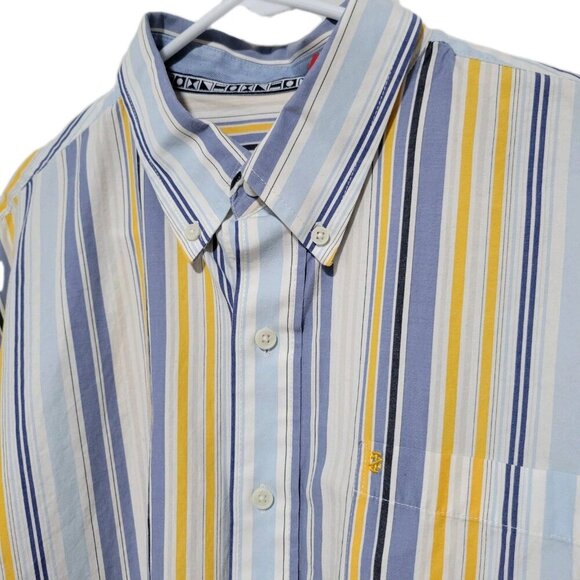 Izod Button Down Shirt XL Mens Long Sleeve Blue Yellow Striped - Picture 3 of 6